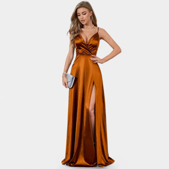Robe Formelle Femme Encolure V Satin Longue Fente Haute 9