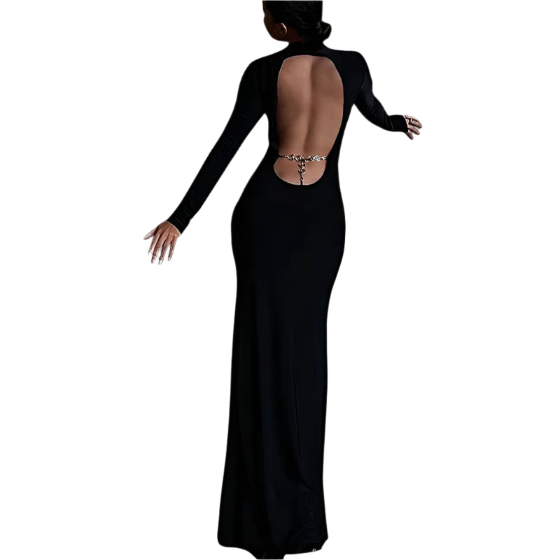 Robe Longue Dos Nu avec Détail Chaîne en Polyester 0