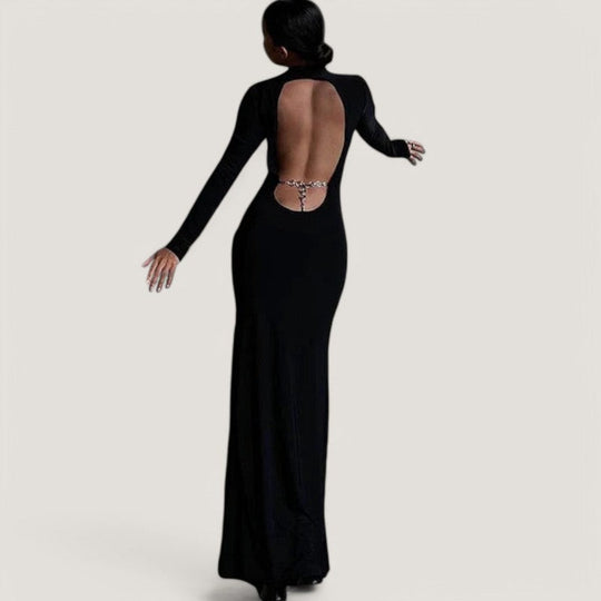 Robe Longue Dos Nu avec Détail Chaîne en Polyester 1