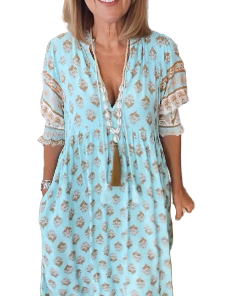 Robe Longue Femme A-Line Décolleté en V Manches Lanternes 0