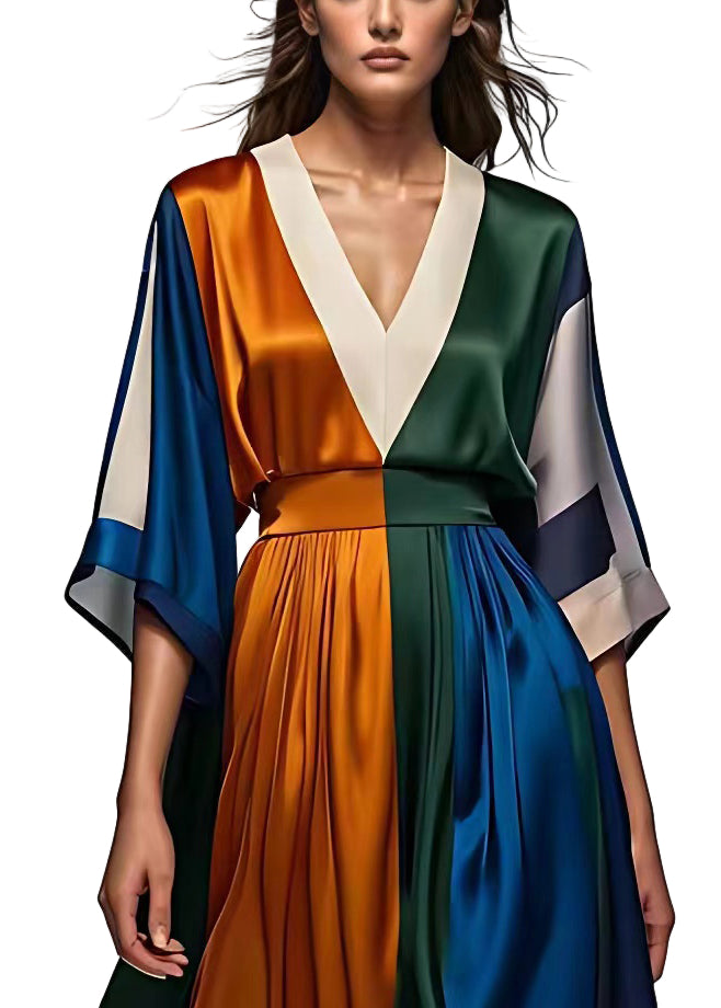 Robe Longue Femme Col en V Style Patchwork 0