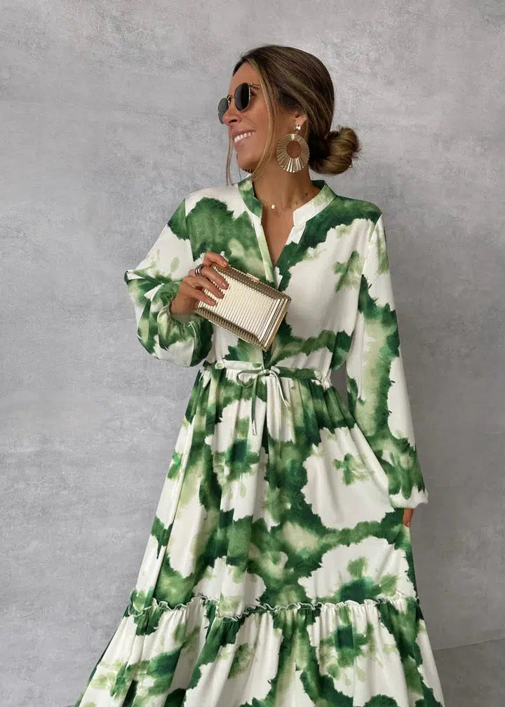 Robe Longue Femme Décolleté en V Maxi à Manches Longues pour Été 1