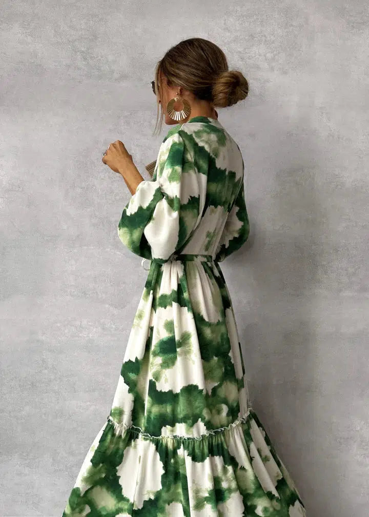 Robe Longue Femme Décolleté en V Maxi à Manches Longues pour Été 2