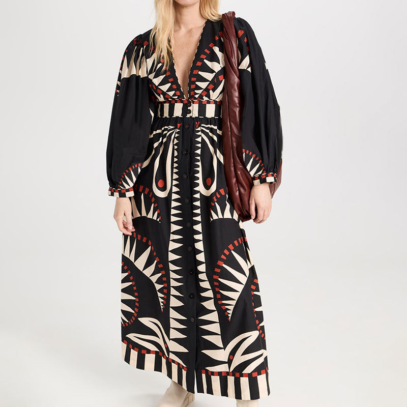 Robe Longue Femme Décolleté en V Maxi à Manches Longues pour Été 5