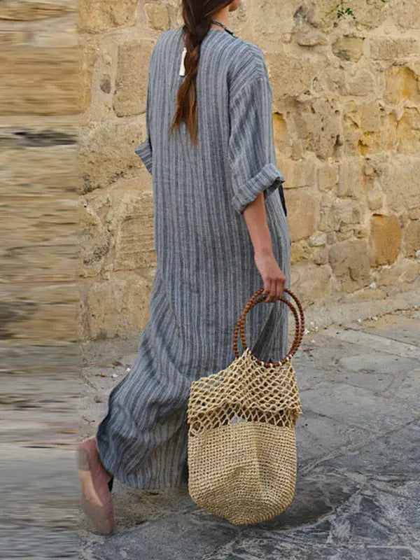 Robe Longue Femme Décontractée Rayée Coton Lin Été 1