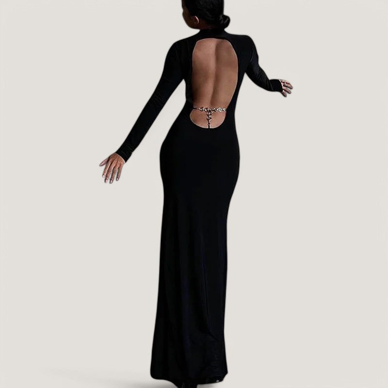 Robe Longue Femme Dos Nu avec Détail Chaîne en Polyester 0
