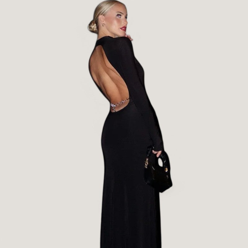 Robe Longue Femme Dos Nu avec Détail Chaîne en Polyester 4