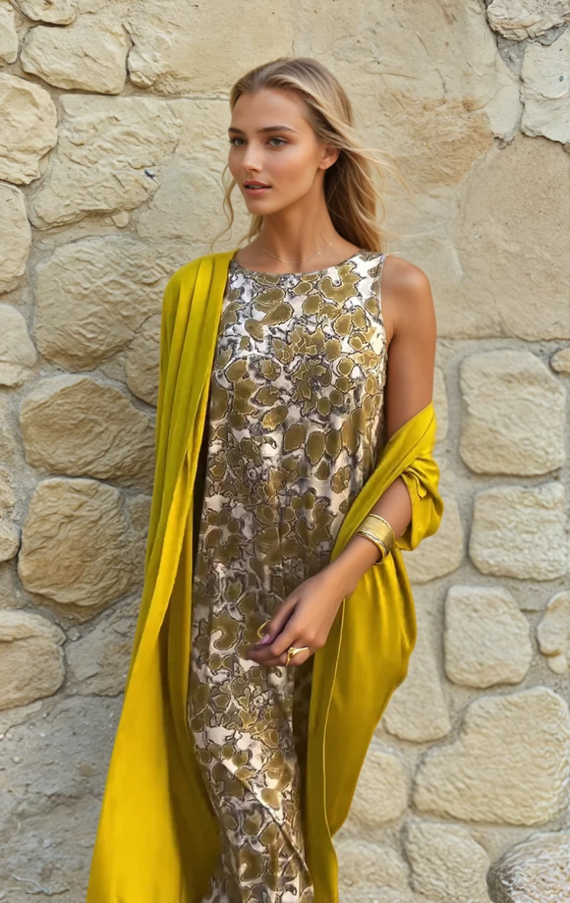Robe Longue Femme Élégante Fluide avec Cardigan Assorti Tissu Léger 1