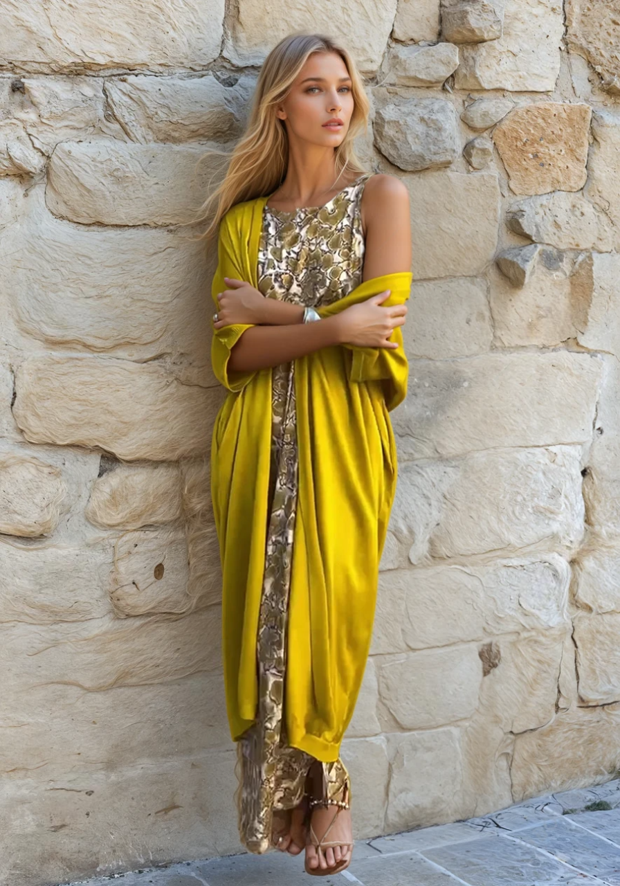 Robe Longue Femme Élégante Fluide avec Cardigan Assorti Tissu Léger 2