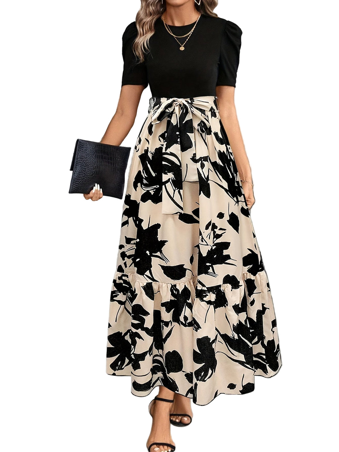 Robe Longue Femme Fleurie à Manches Bouffantes en Coton pour l'Été 0