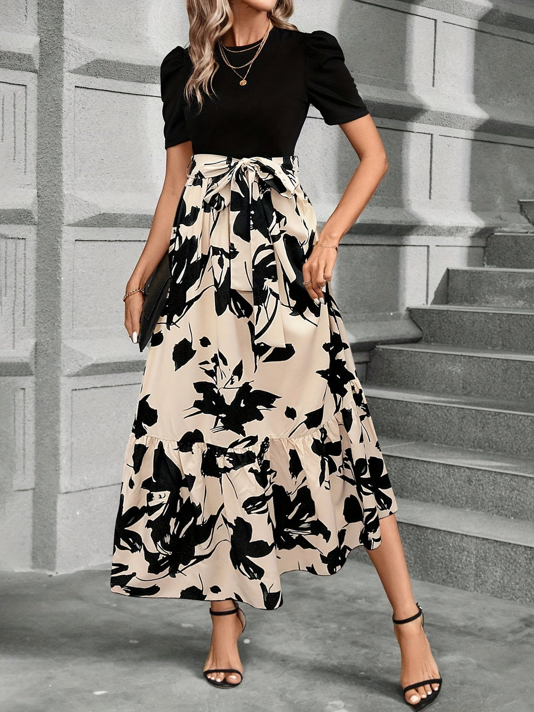 Robe Longue Femme Fleurie à Manches Bouffantes en Coton pour l'Été 2