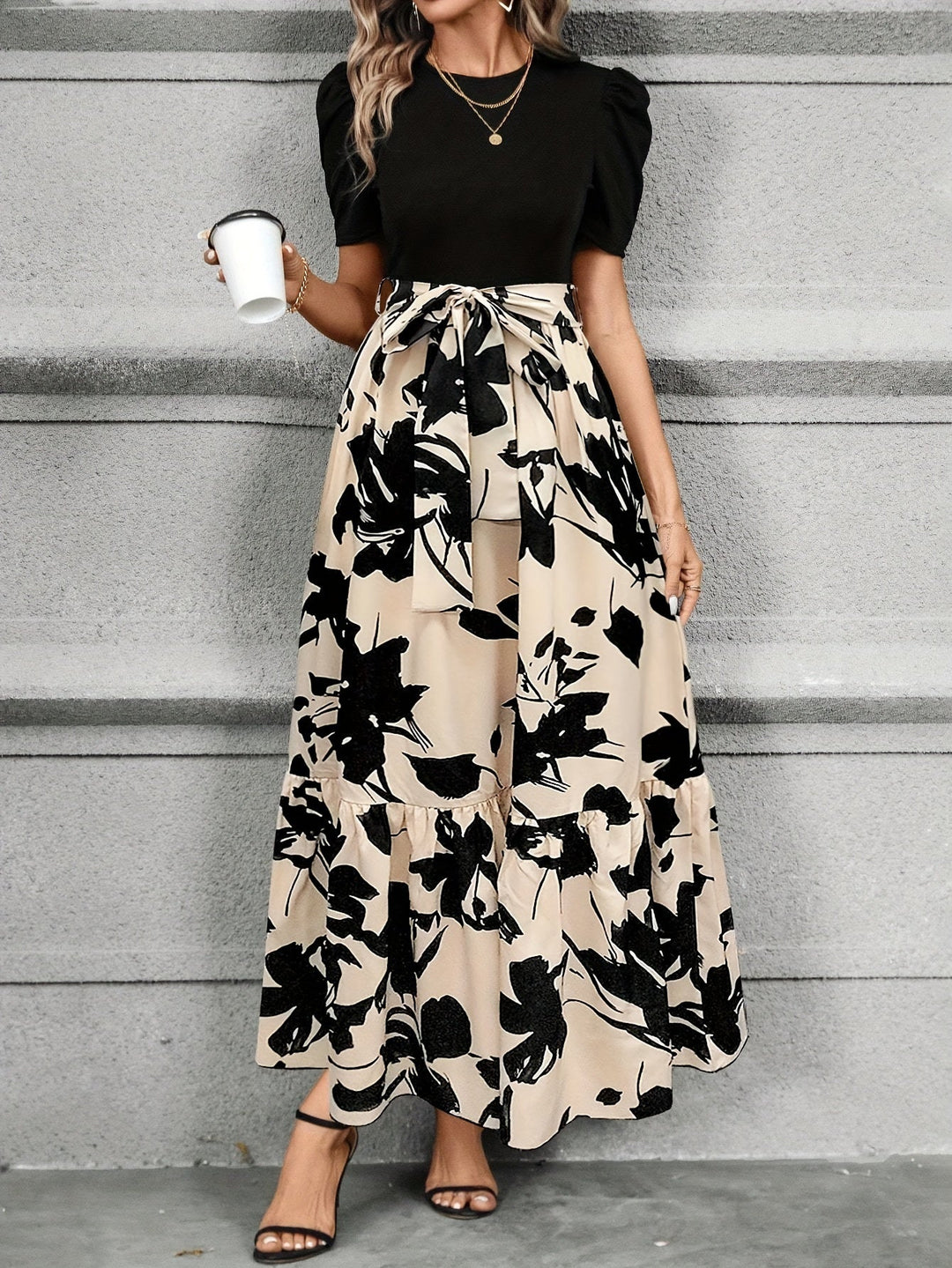 Robe Longue Femme Fleurie à Manches Bouffantes en Coton pour l'Été 4