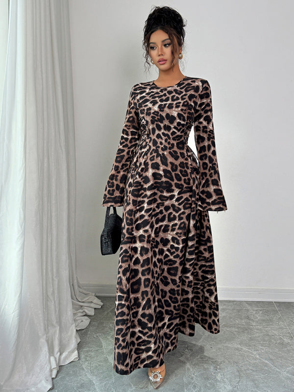 Robe Longue Femme Imprimé Léopard Manches Longues Tissu Léger 1