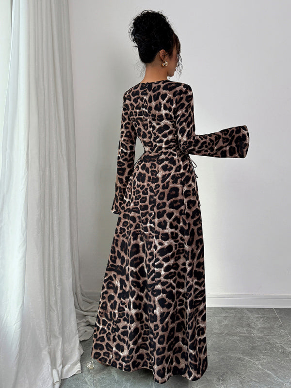 Robe Longue Femme Imprimé Léopard Manches Longues Tissu Léger 3