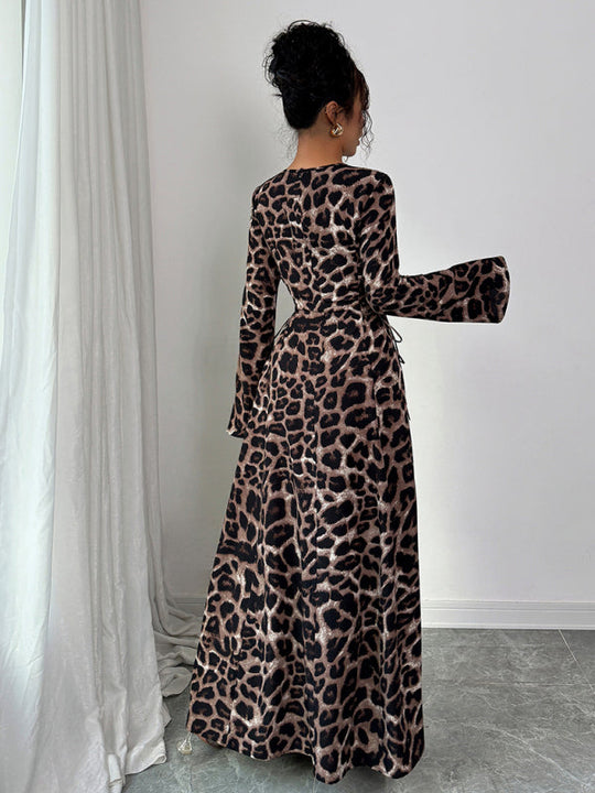 Robe Longue Femme Imprimé Léopard Manches Longues Tissu Léger 3