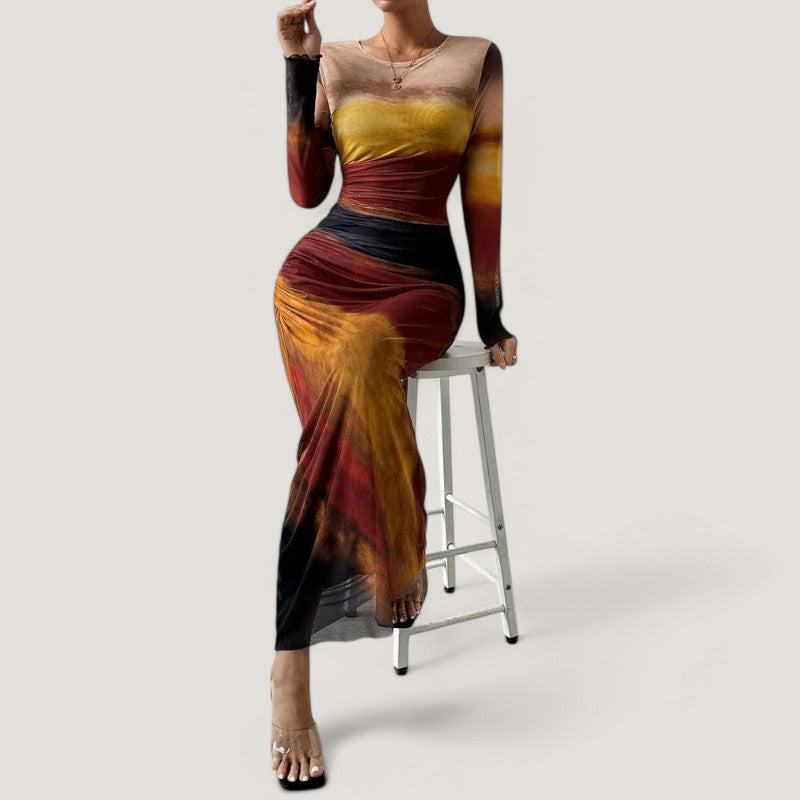 Robe Longue Femme Maxi Manches Longues en Polyester 4