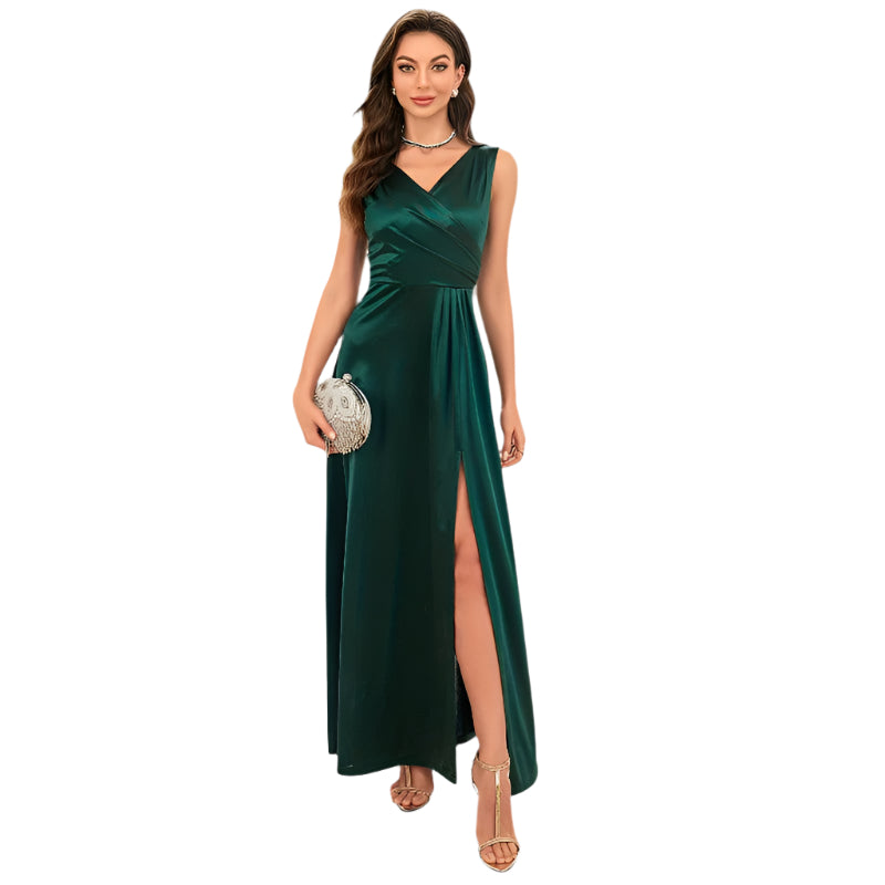 Robe Longue Femme V En Satin Sans Manches 0