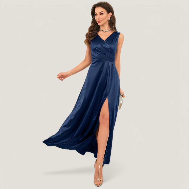 Robe Longue Femme V En Satin Sans Manches 9