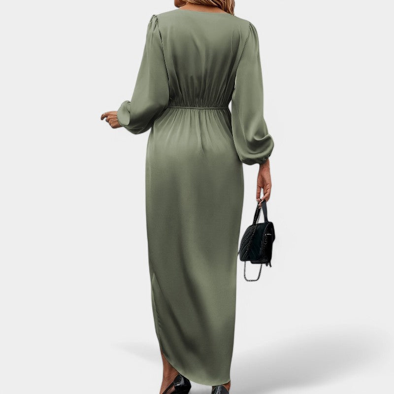 Robe Longue Femme en Soie à Manches Longues avec Fente Haute 1