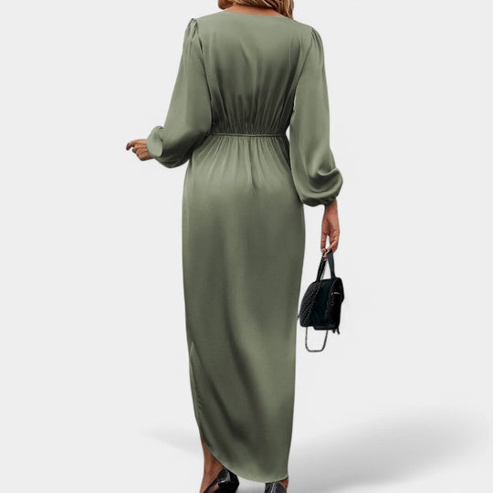 Robe Longue Femme en Soie à Manches Longues avec Fente Haute 1