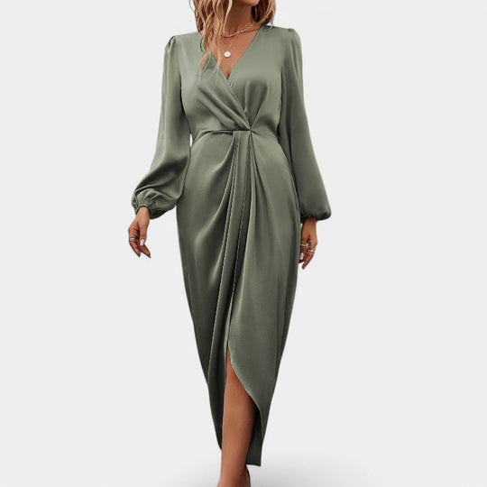 Robe Longue Femme en Soie à Manches Longues avec Fente Haute 4