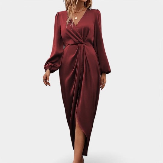 Robe Longue Femme en Soie à Manches Longues avec Fente Haute 5