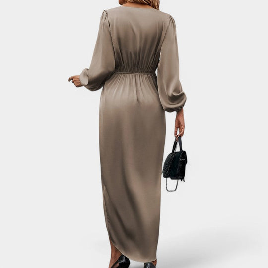 Robe Longue Femme en Soie à Manches Longues avec Fente Haute 6