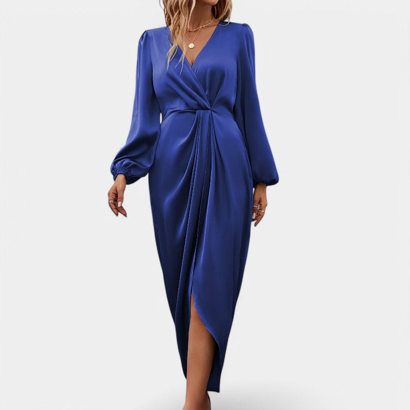 Robe Longue Femme en Soie à Manches Longues avec Fente Haute 8