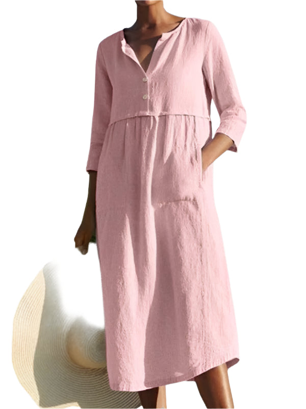 Robe Longue à Col Rond avec Poches en Lin et Coton pour Femme 0