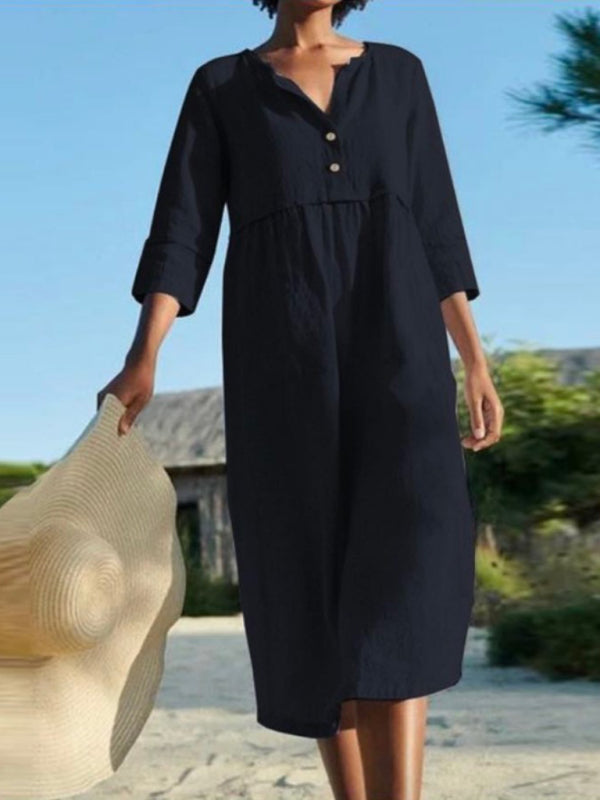 Robe Longue à Col Rond avec Poches en Lin et Coton pour Femme 2