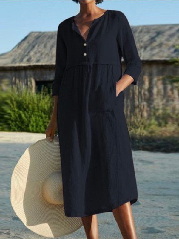 Robe Longue à Col Rond avec Poches en Lin et Coton pour Femme 3