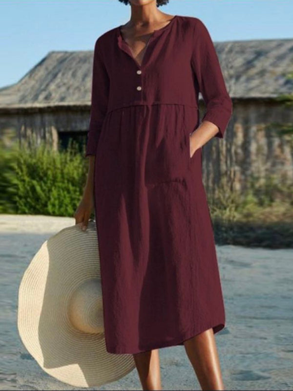 Robe Longue à Col Rond avec Poches en Lin et Coton pour Femme 4