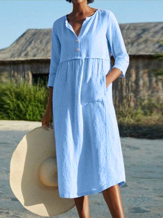 Robe Longue à Col Rond avec Poches en Lin et Coton pour Femme 5