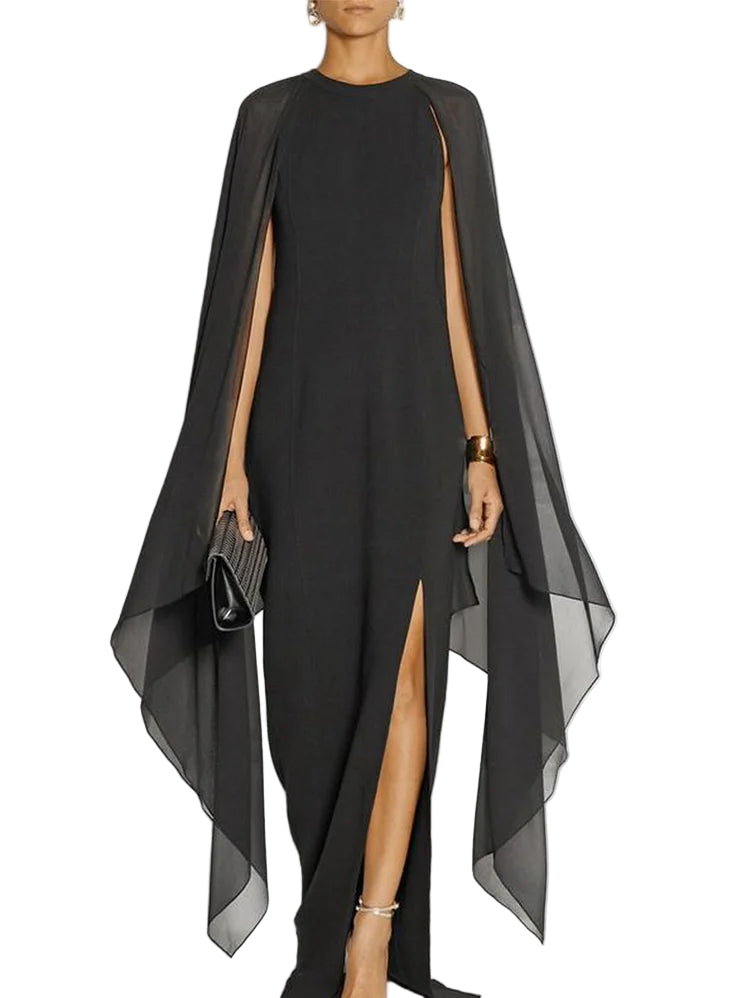 Robe Longue à Manches Cape avec Ourlet Fendu 0