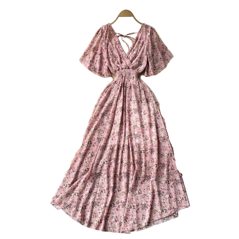 Robe Maxi Femme Décolleté en V Taille Froncée Manches Courtes 0