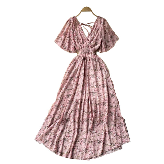 Robe Maxi Femme Décolleté en V Taille Froncée Manches Courtes 0