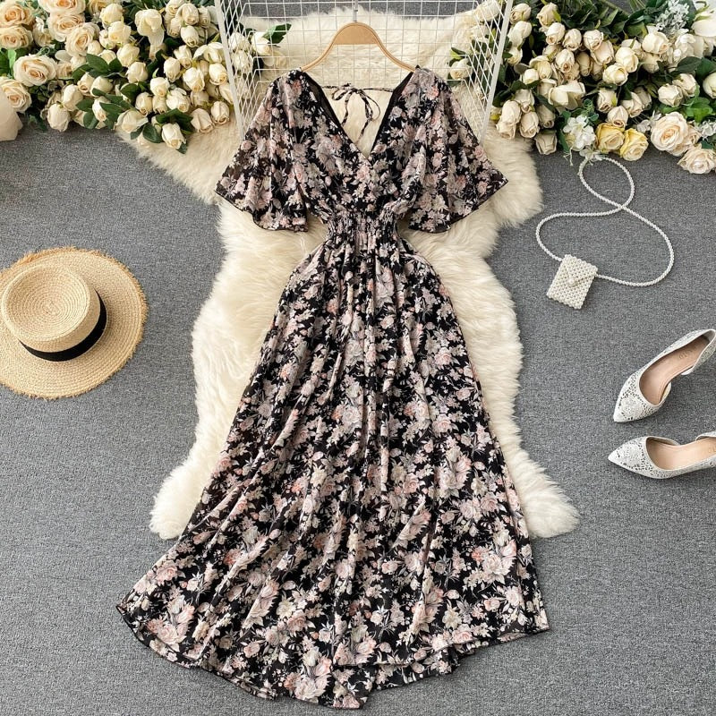 Robe Maxi Femme Décolleté en V Taille Froncée Manches Courtes 1