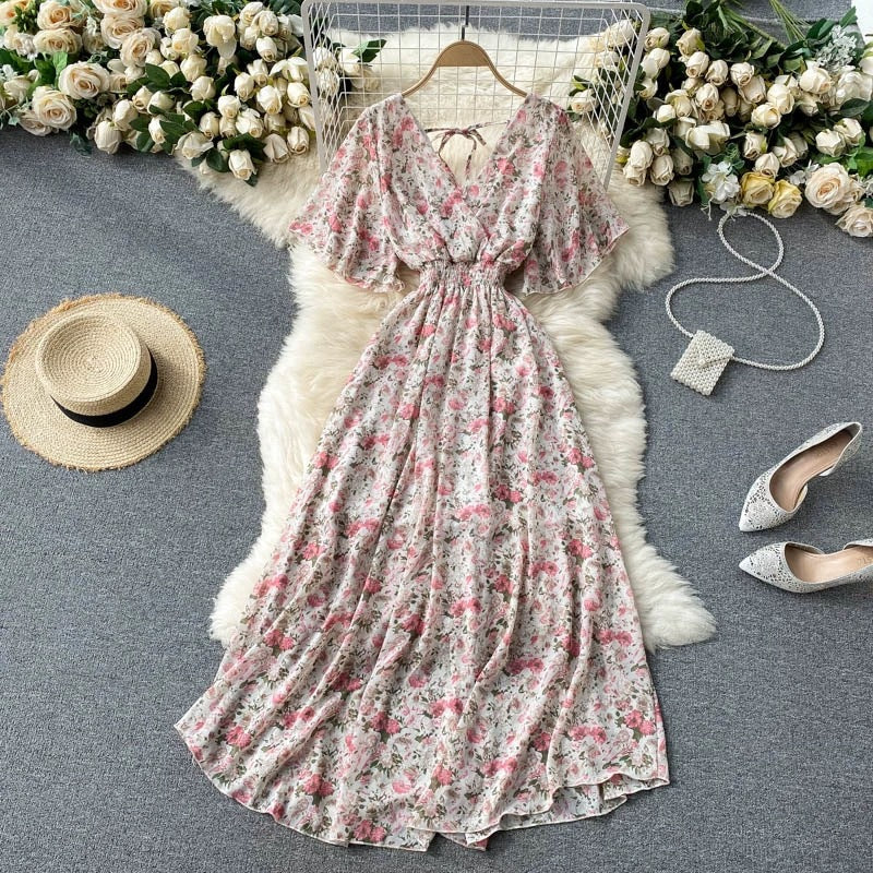 Robe Maxi Femme Décolleté en V Taille Froncée Manches Courtes 2