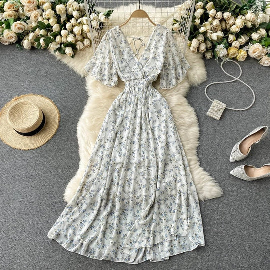 Robe Maxi Femme Décolleté en V Taille Froncée Manches Courtes 3