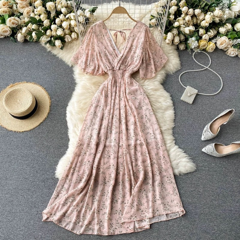 Robe Maxi Femme Décolleté en V Taille Froncée Manches Courtes 4