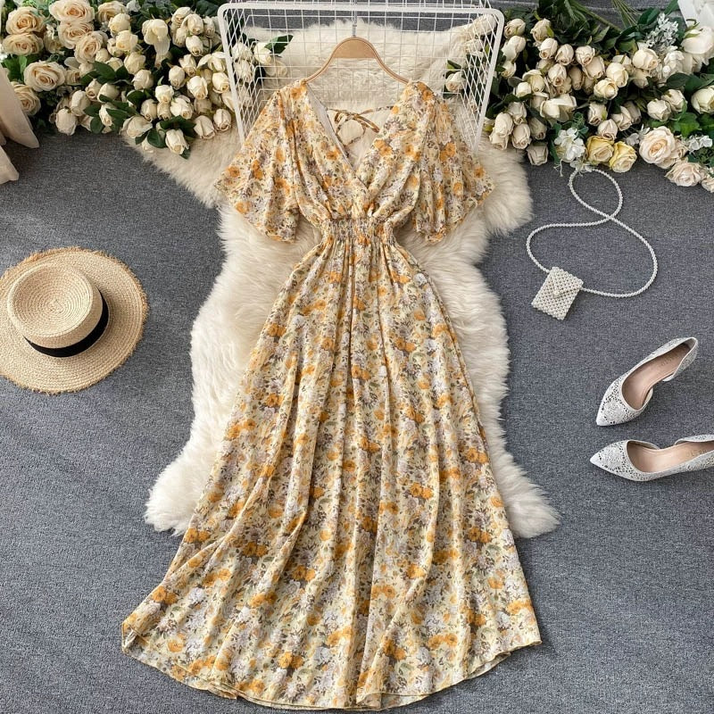 Robe Maxi Femme Décolleté en V Taille Froncée Manches Courtes 5