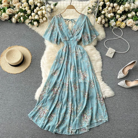 Robe Maxi Femme Décolleté en V Taille Froncée Manches Courtes 6