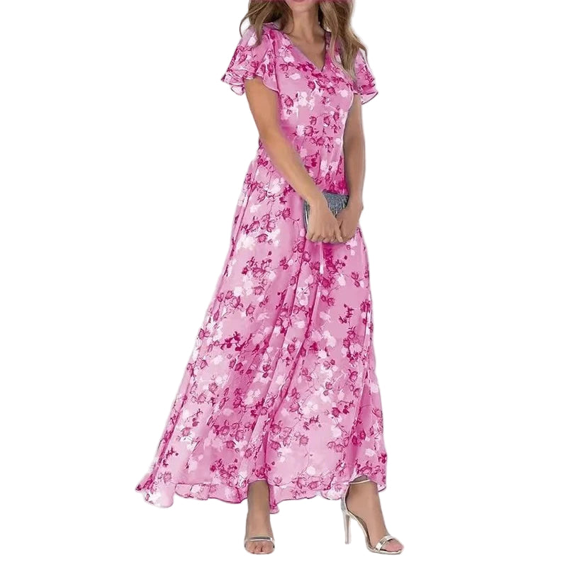 Robe Maxi Femme Imprimé Floral Décolleté en V Manches Courtes 0