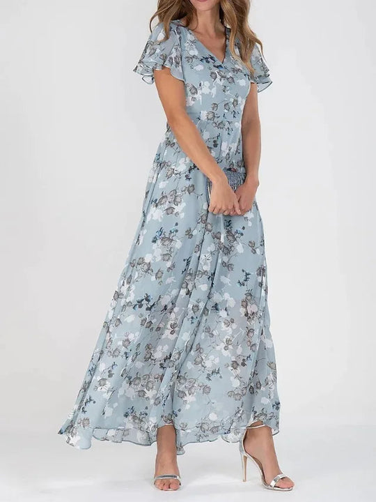 Robe Maxi Femme Imprimé Floral Décolleté en V Manches Courtes 1