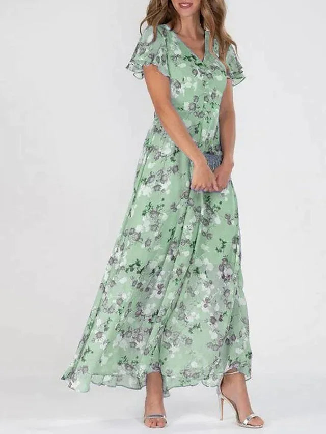 Robe Maxi Femme Imprimé Floral Décolleté en V Manches Courtes 2