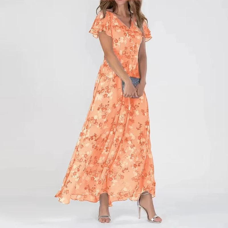 Robe Maxi Femme Imprimé Floral Décolleté en V Manches Courtes 3