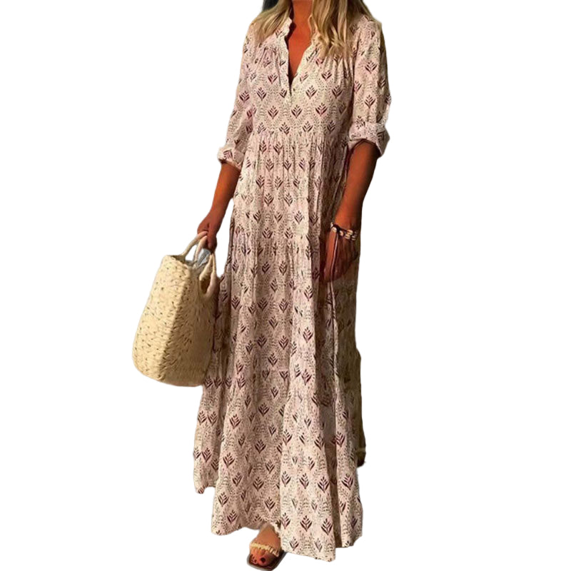 Robe Maxi Femme Imprimé Vintage à Manches 3/4 0