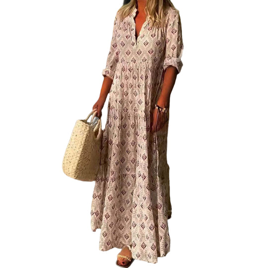 Robe Maxi Femme Imprimé Vintage à Manches 3/4 0
