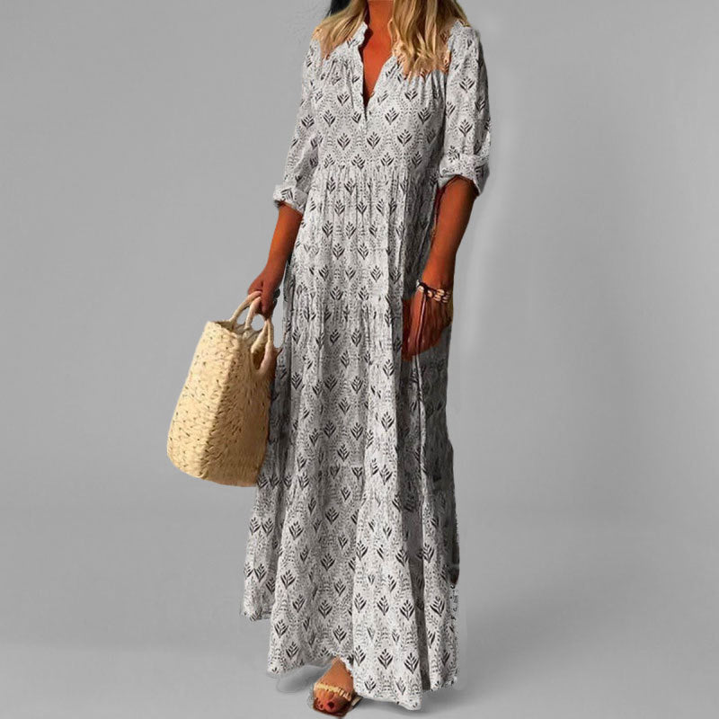 Robe Maxi Femme Imprimé Vintage à Manches 3/4 2