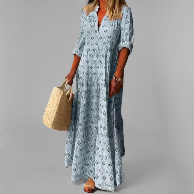 Robe Maxi Femme Imprimé Vintage à Manches 3/4 3